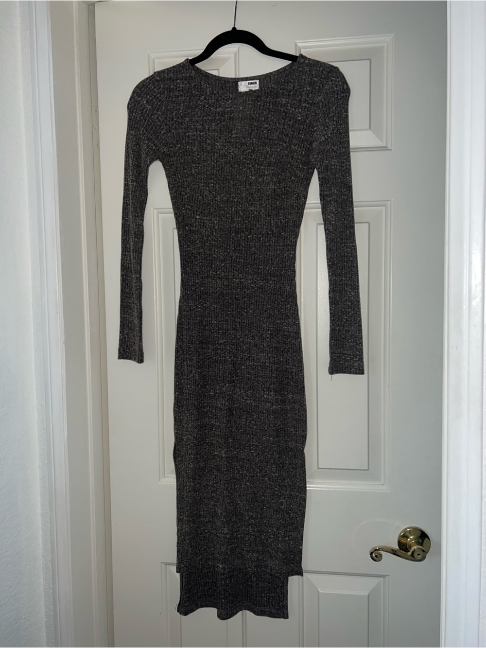 Long Sleeve Ribbed Knit Midi Dress - Black Heather